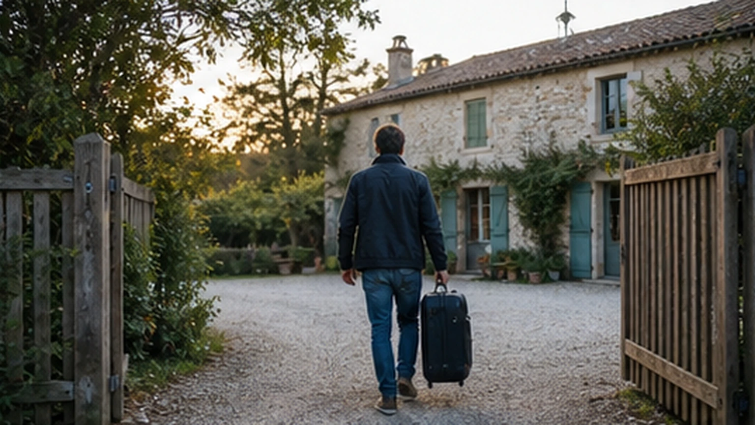 Traveler arriving at a quiet rural guesthouse courtyard with one plain suitcase