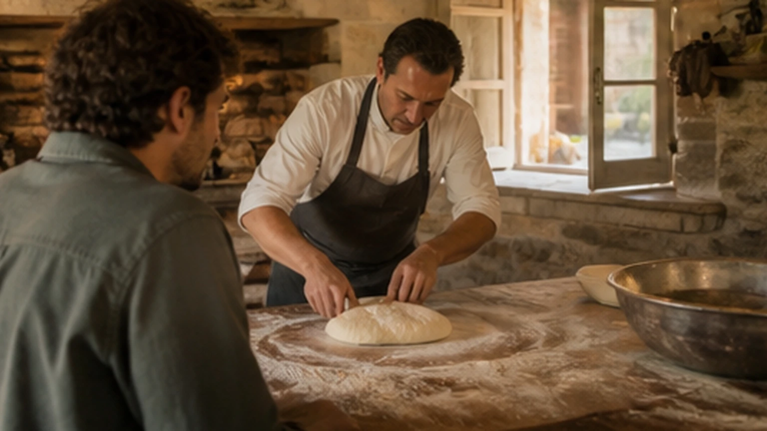 Adult watching a cook shape fresh dough in an open village kitchen
