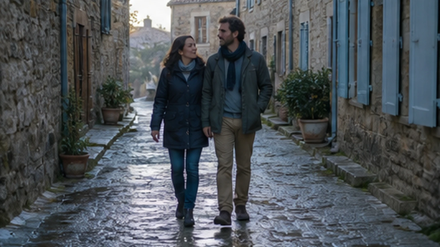 Couple strolling slowly through a quiet stone lane in morning light