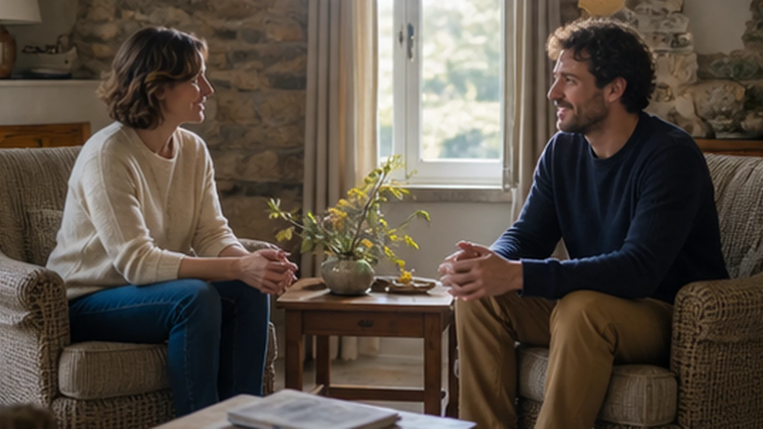 Host and traveler having a friendly conversation in a shared sitting room